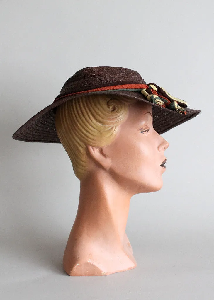 Vintage 1940s Straw Floppy Hat with Crepe Bow