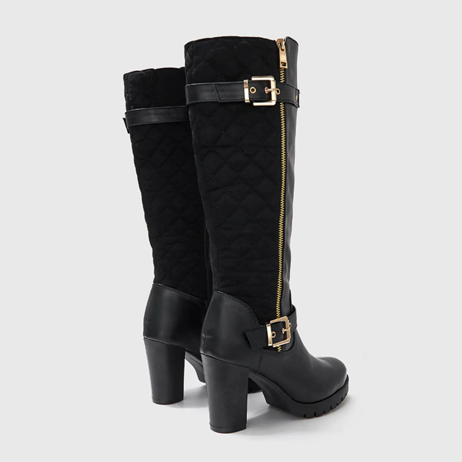 Wide Calf Quilted Chunky Knee High Boots Buckle