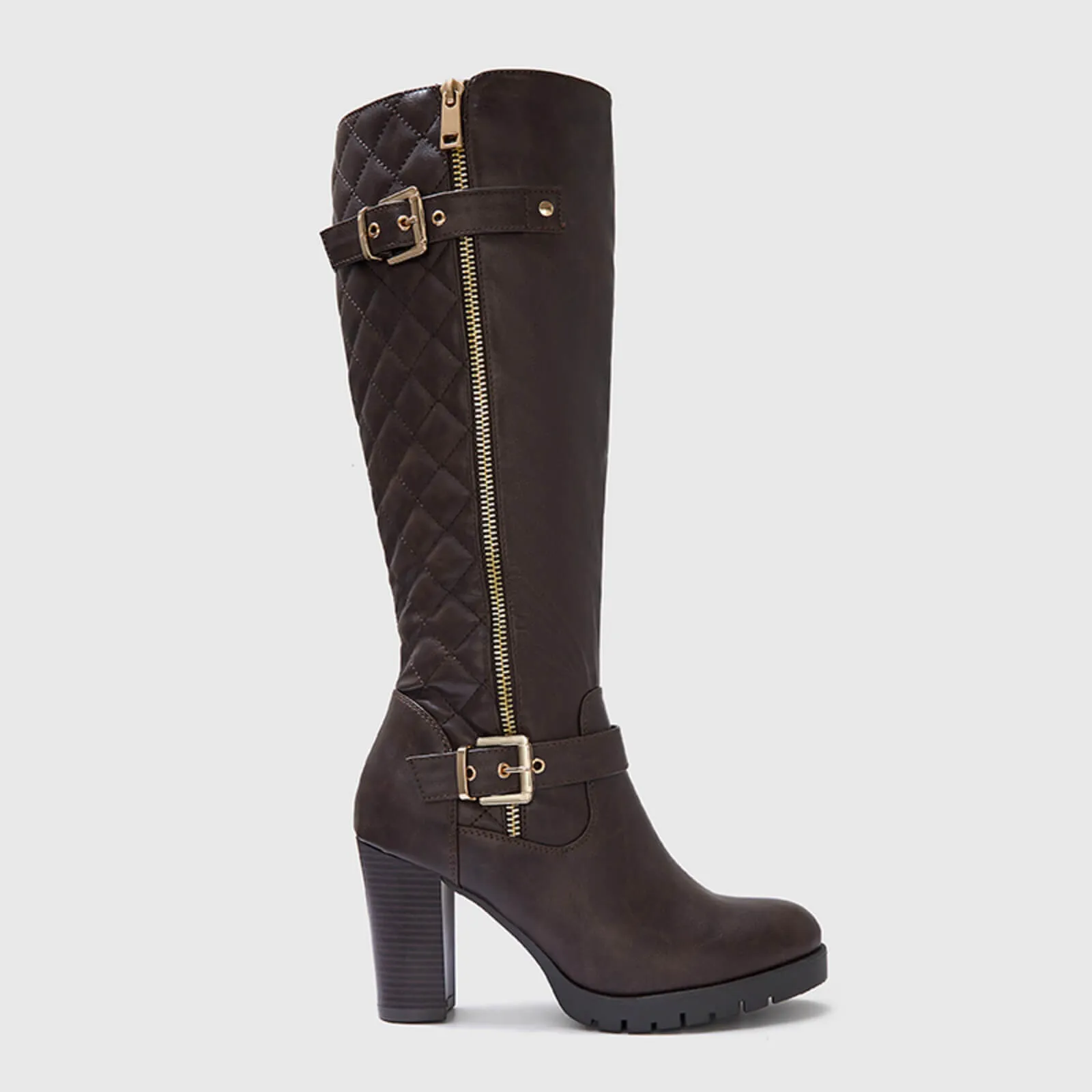 Wide Calf Quilted Chunky Knee High Boots Buckle