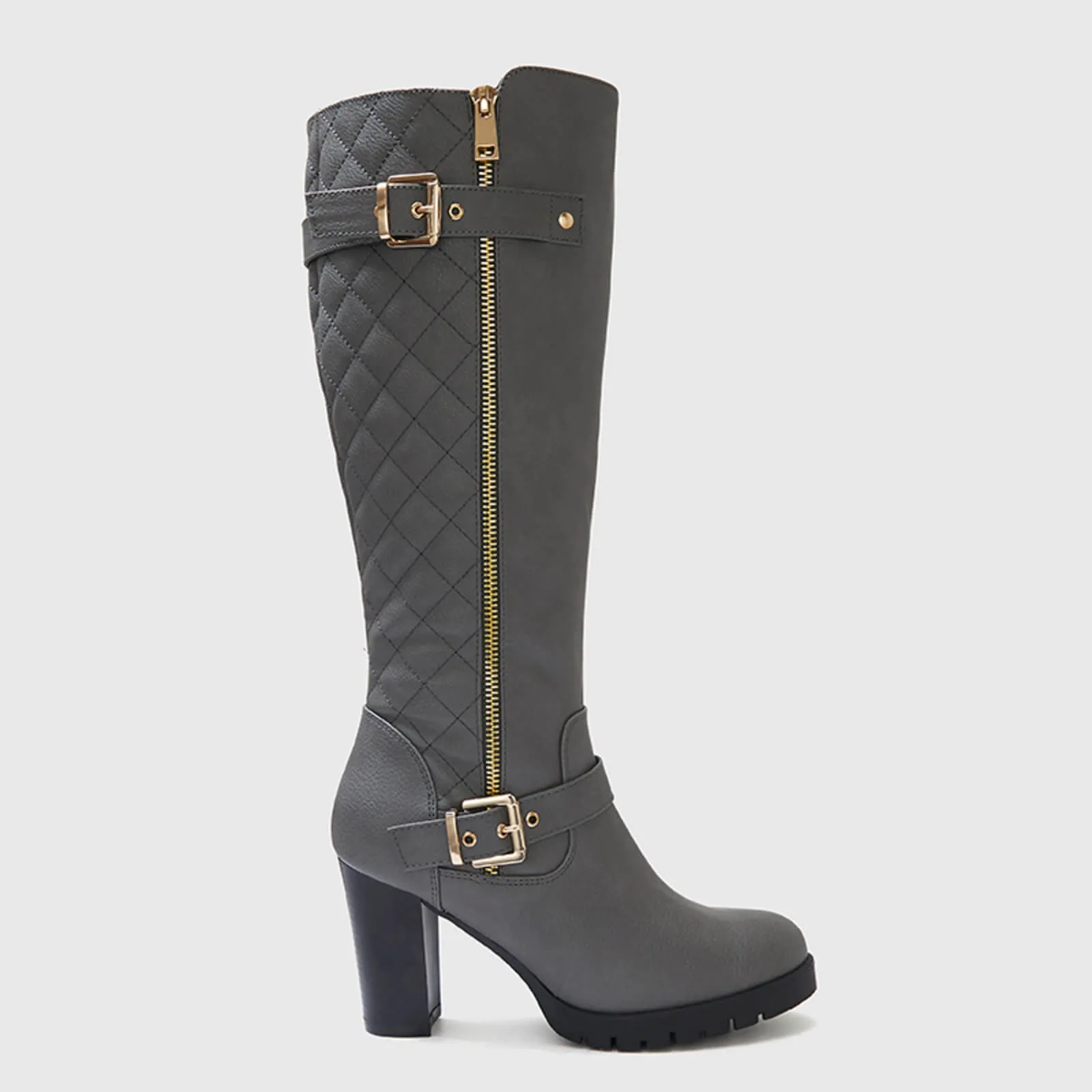 Wide Calf Quilted Chunky Knee High Boots Buckle