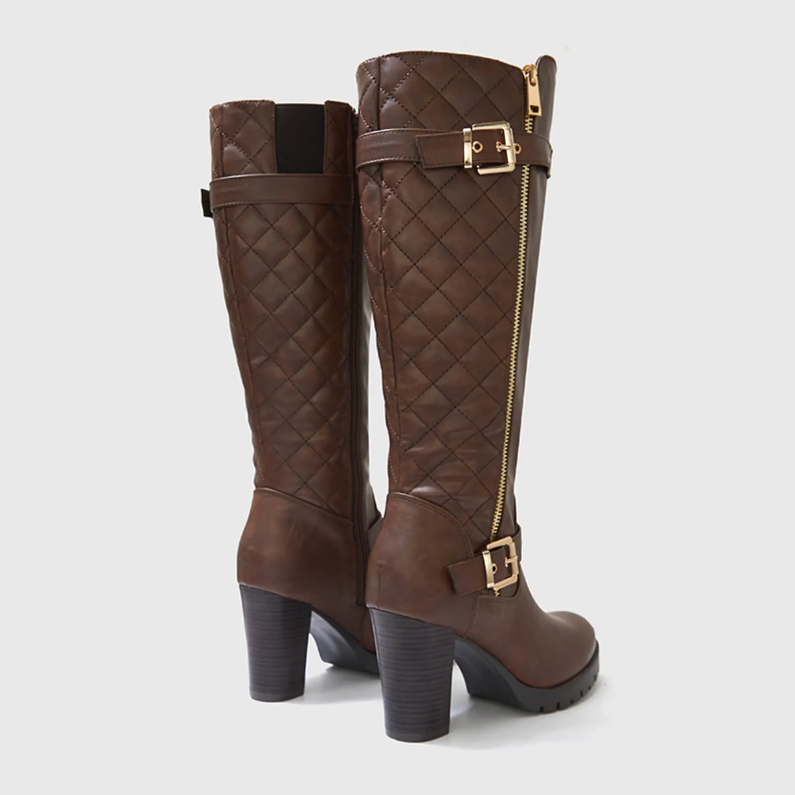 Wide Calf Quilted Chunky Knee High Boots Buckle