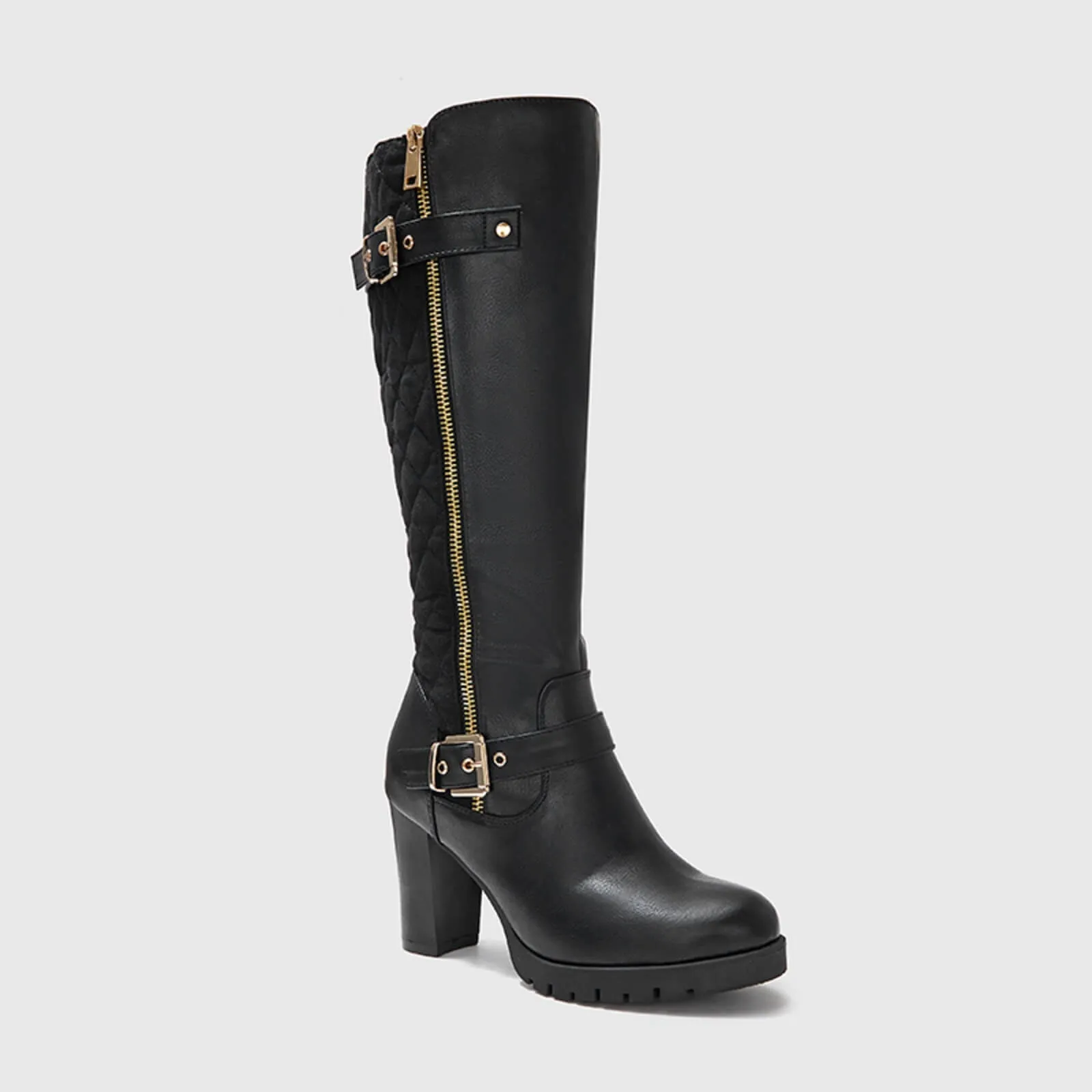 Wide Calf Quilted Chunky Knee High Boots Buckle