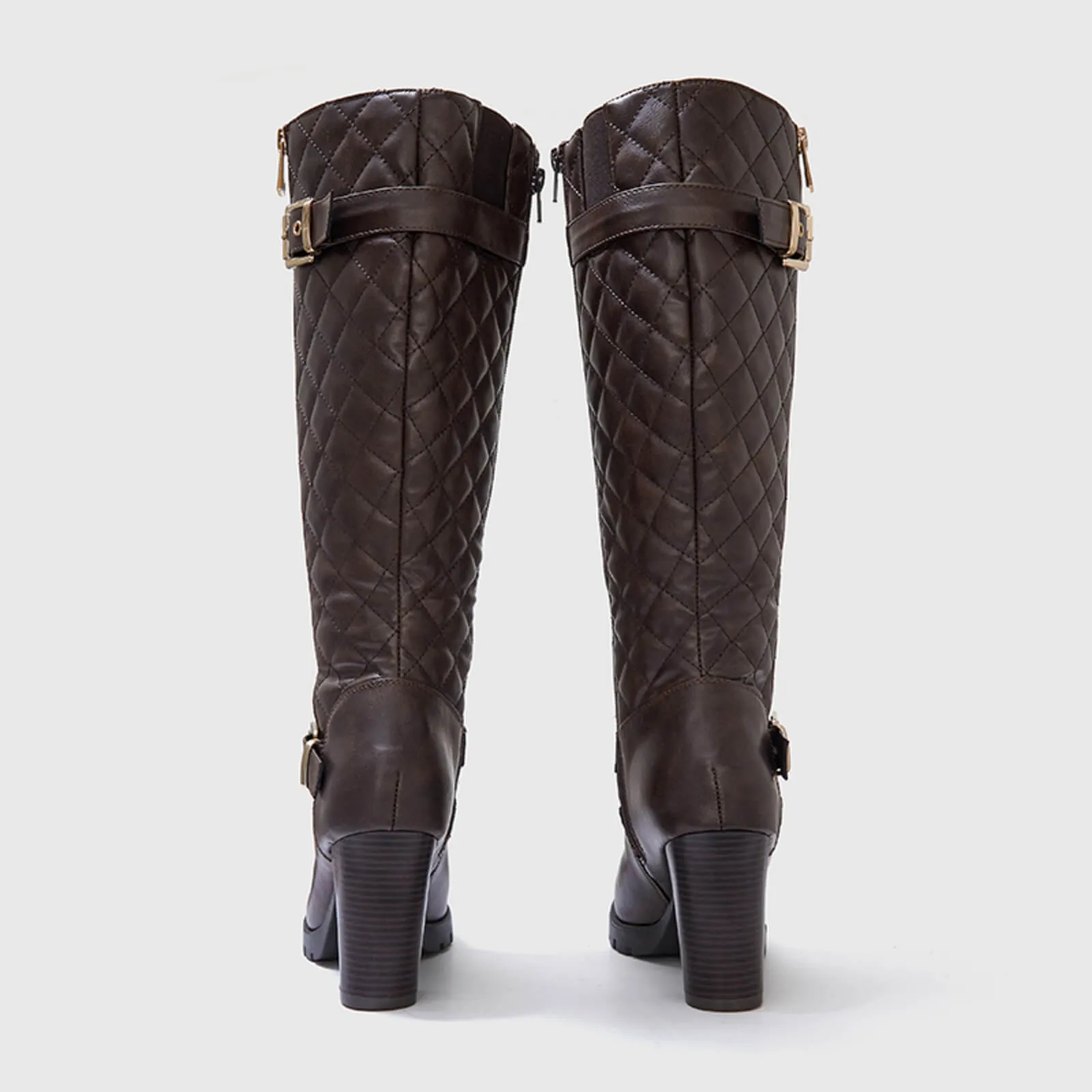 Wide Calf Quilted Chunky Knee High Boots Buckle