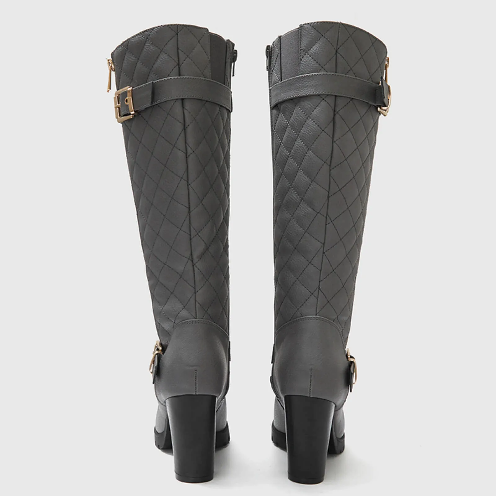 Wide Calf Quilted Chunky Knee High Boots Buckle