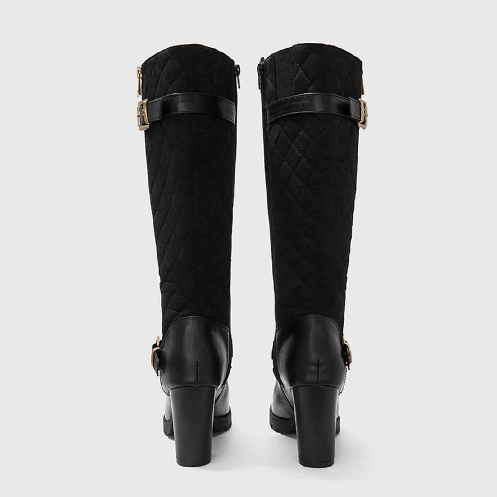 Wide Calf Quilted Chunky Knee High Boots Buckle