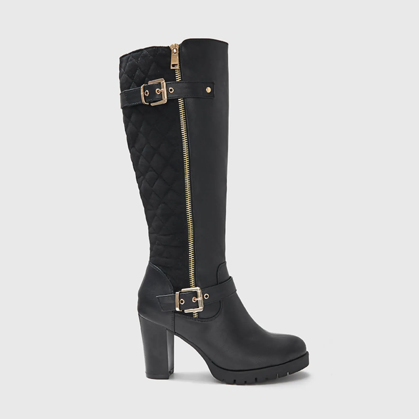 Wide Calf Quilted Chunky Knee High Boots Buckle