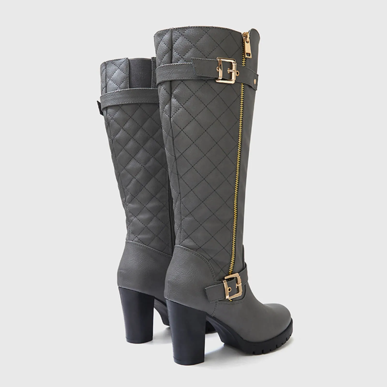 Wide Calf Quilted Chunky Knee High Boots Buckle