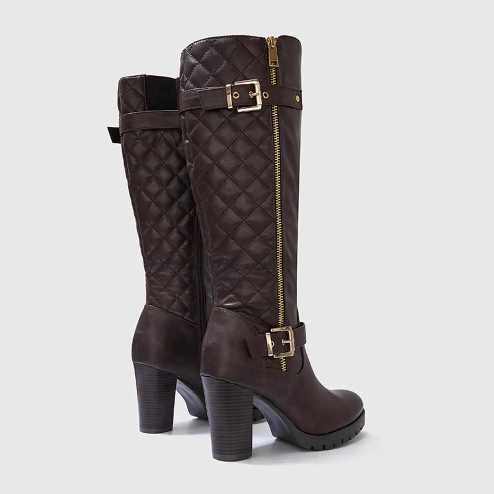 Wide Calf Quilted Chunky Knee High Boots Buckle