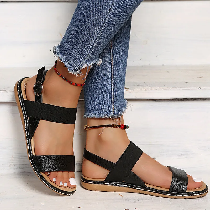 Women fashion minimalist peep toe buckle strap flat sandals