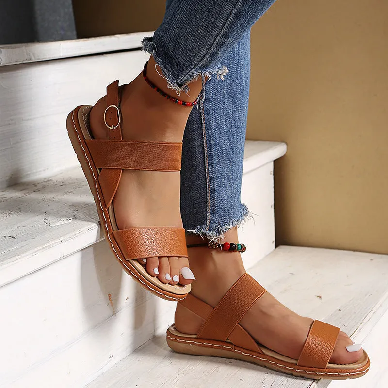 Women fashion minimalist peep toe buckle strap flat sandals