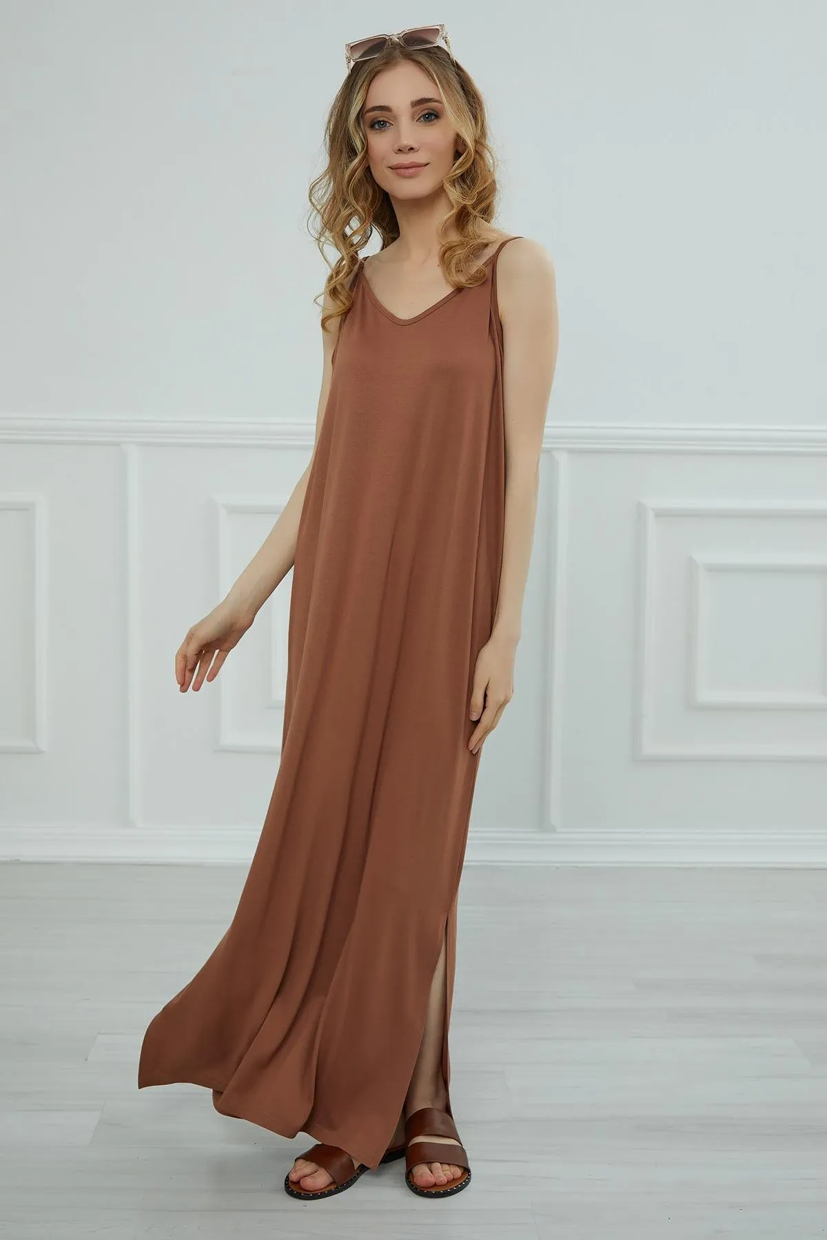 Women Side Split Casual Pullover Cotton Women Summer Strappy Maxi Dress Casual Loose Long Dress with Shoulder Straps for Women,ELB-6