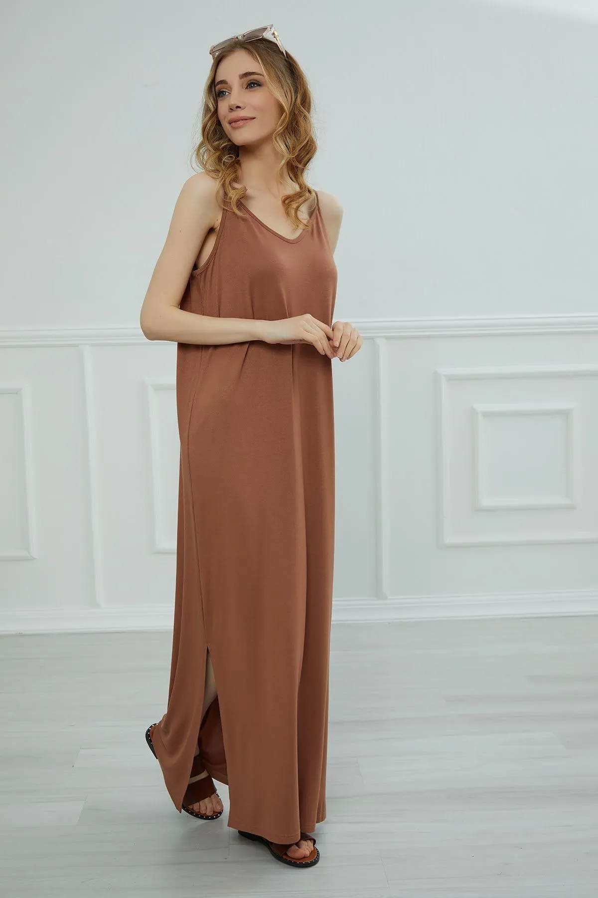 Women Side Split Casual Pullover Cotton Women Summer Strappy Maxi Dress Casual Loose Long Dress with Shoulder Straps for Women,ELB-6