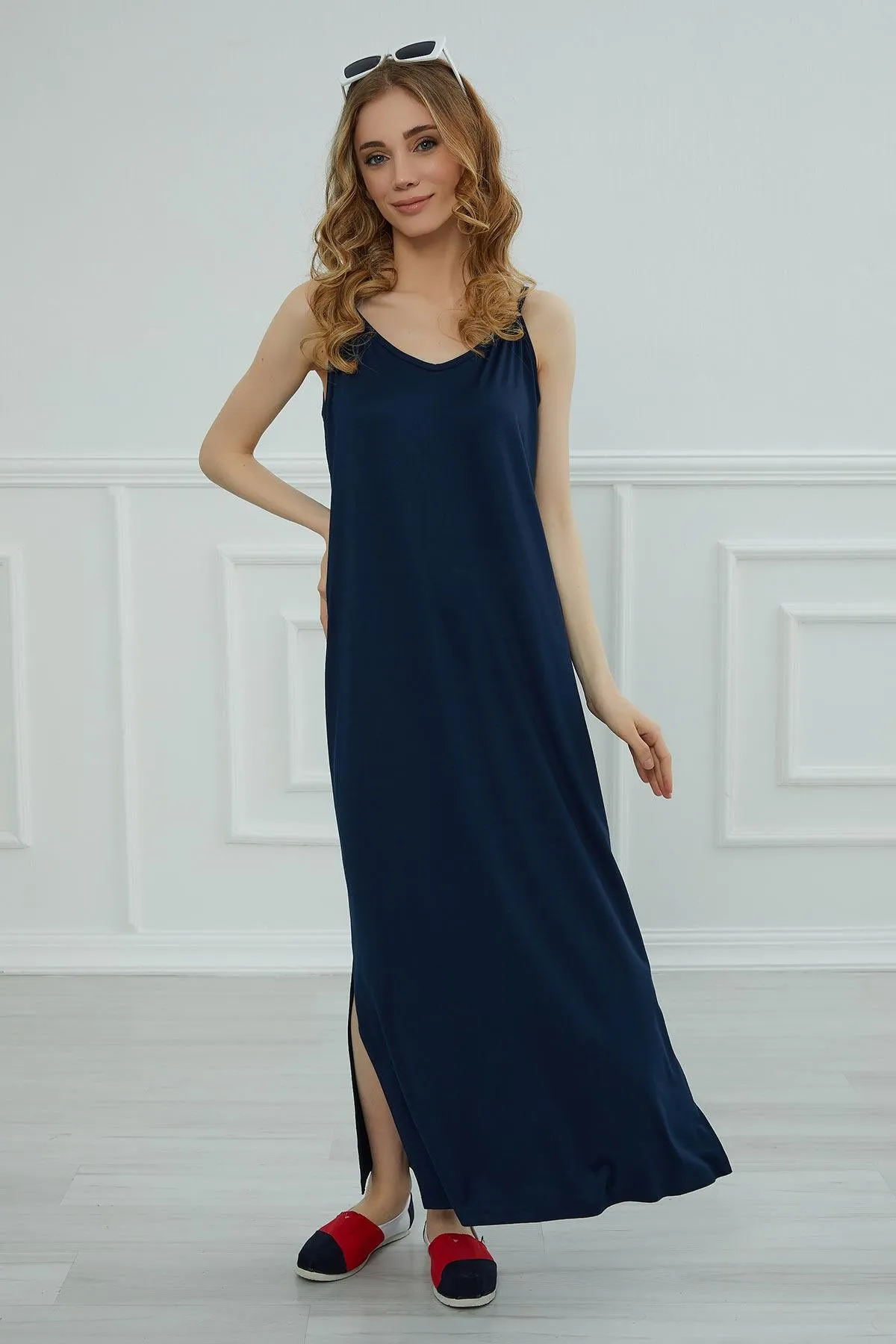 Women Side Split Casual Pullover Cotton Women Summer Strappy Maxi Dress Casual Loose Long Dress with Shoulder Straps for Women,ELB-6