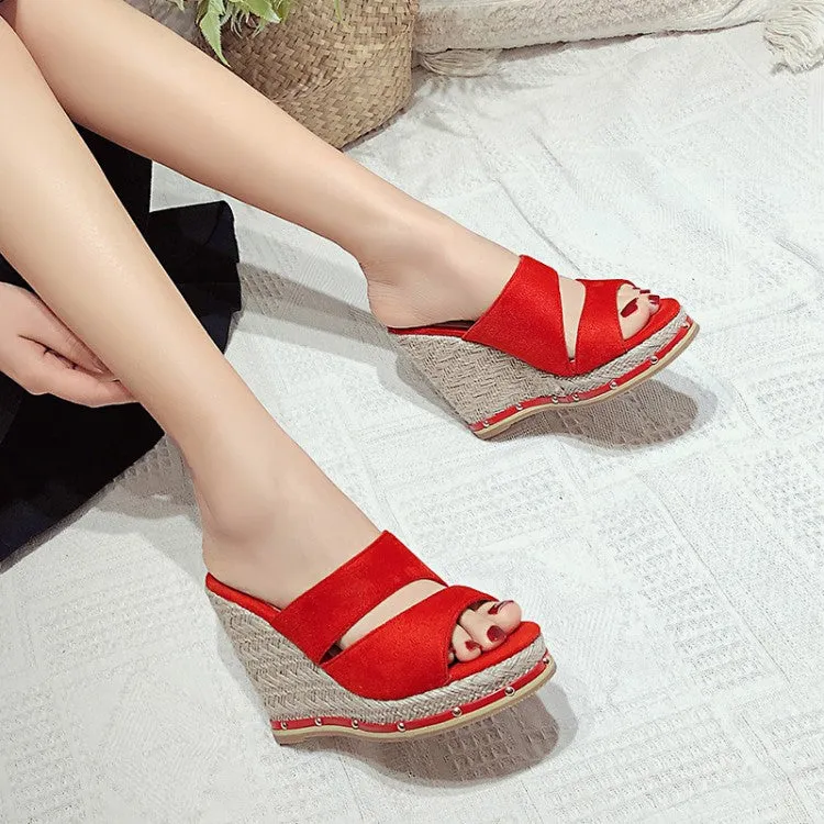 Women's Solid Color Rivets Woven Wedge Heel Platform Sandals