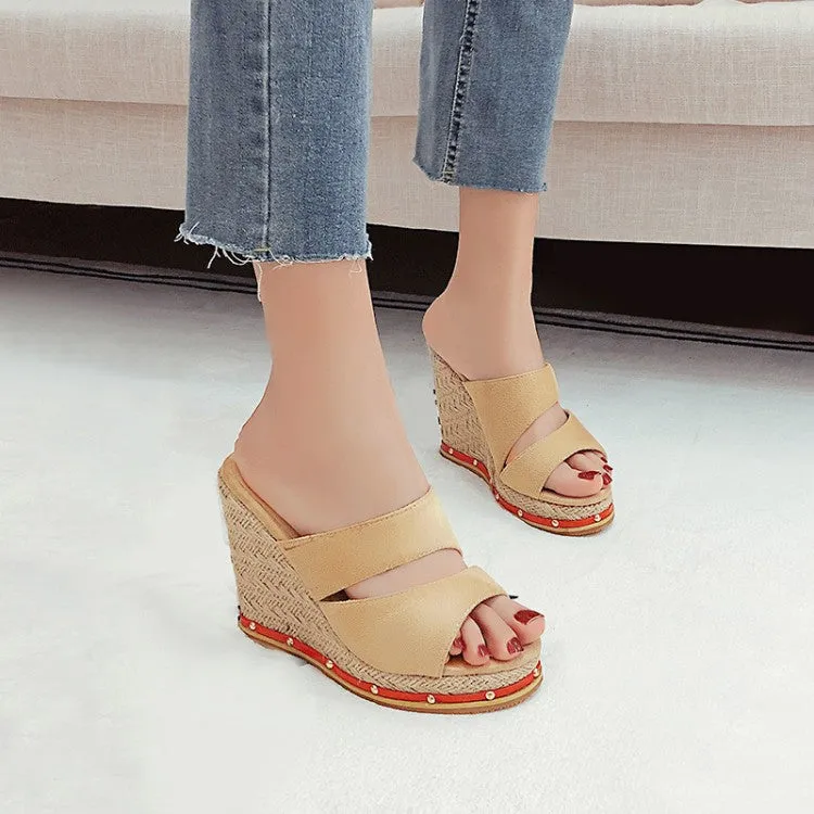 Women's Solid Color Rivets Woven Wedge Heel Platform Sandals