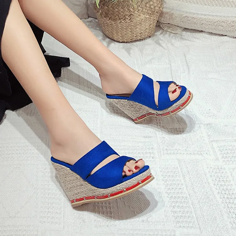 Women's Solid Color Rivets Woven Wedge Heel Platform Sandals