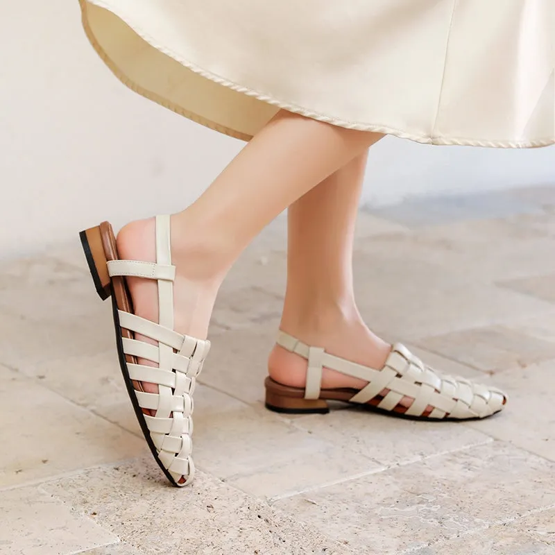 Woven Leather Retro Gladiator Sandals For Women Slingback in Gray/Beige