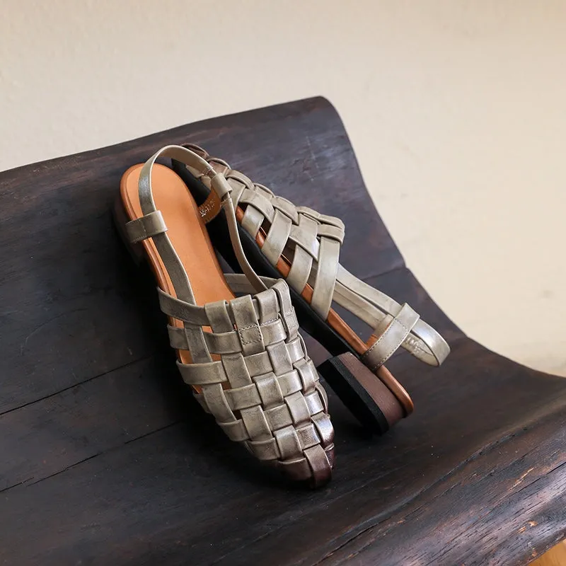 Woven Leather Retro Gladiator Sandals For Women Slingback in Gray/Beige