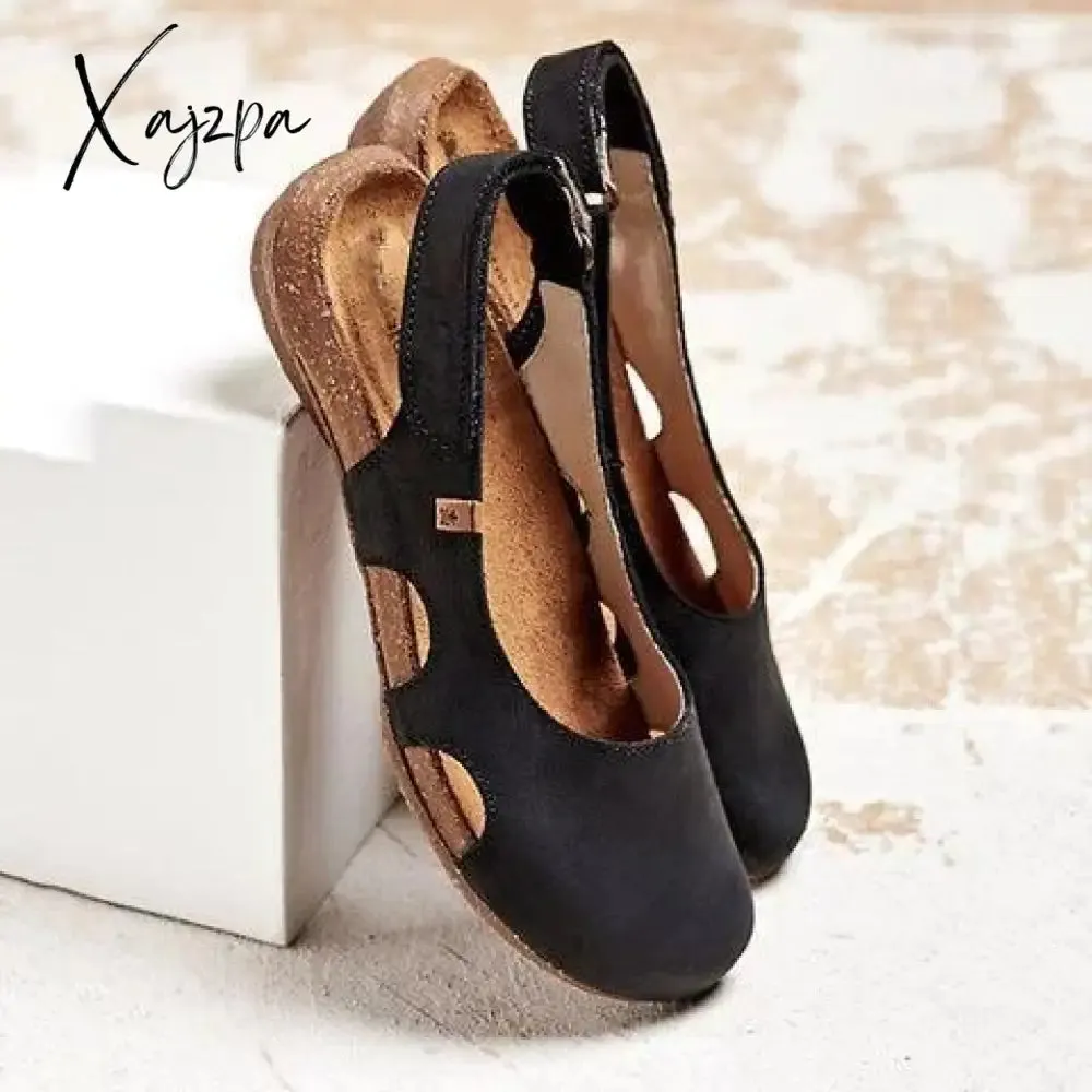 Xajzpa - New Women Casual Wedges Sandals Summer Buckle Hot Gladiator Retro Non-slip Sandals Flock Ladies Party Office Shoes